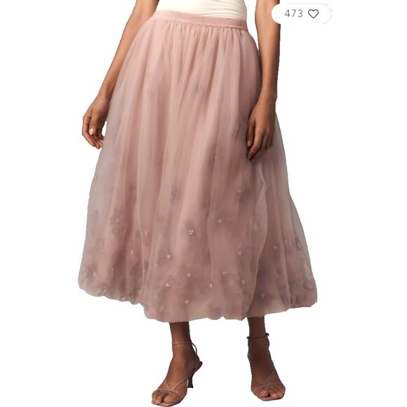 Anthropologie Women’s Blossom Bubble Flower Applique Tulle Midi Skirt size L NWT